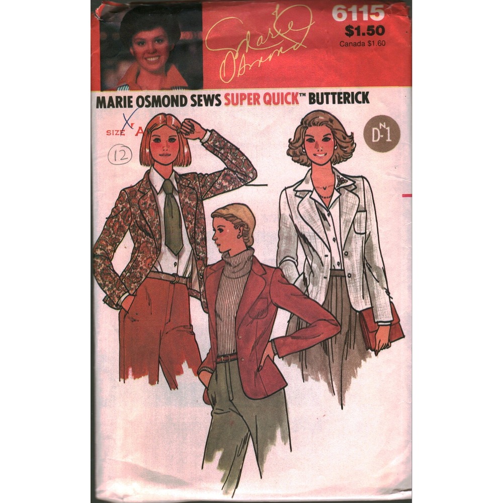 Vintage Butterick 6115 Marie Osmond Sews Jacket Pattern Size 8-12 Blazer 1970s
